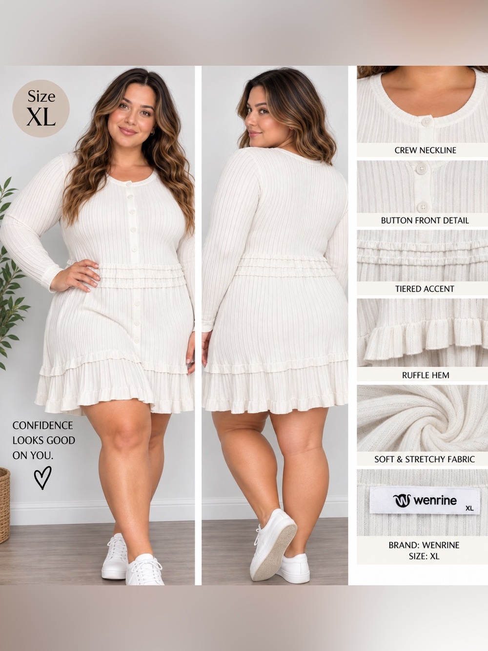 Cream Ribbed Button-Front Ruffle Hem Mini Dress